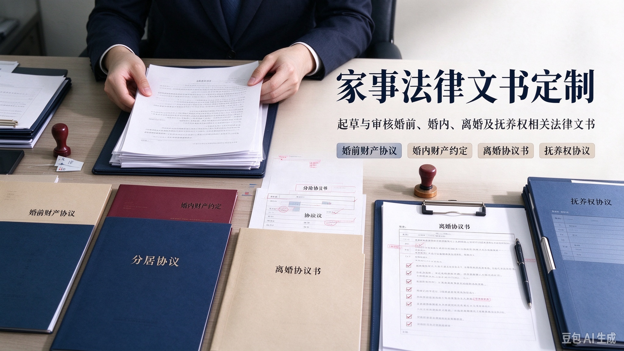 4.家事法律文书定制：提供全套家事文书定制服务，起草、审核婚前财产协议、婚内财产约定、分居协议、离婚协议书、抚养权协议等法律文书，提前规避后续法律风险。