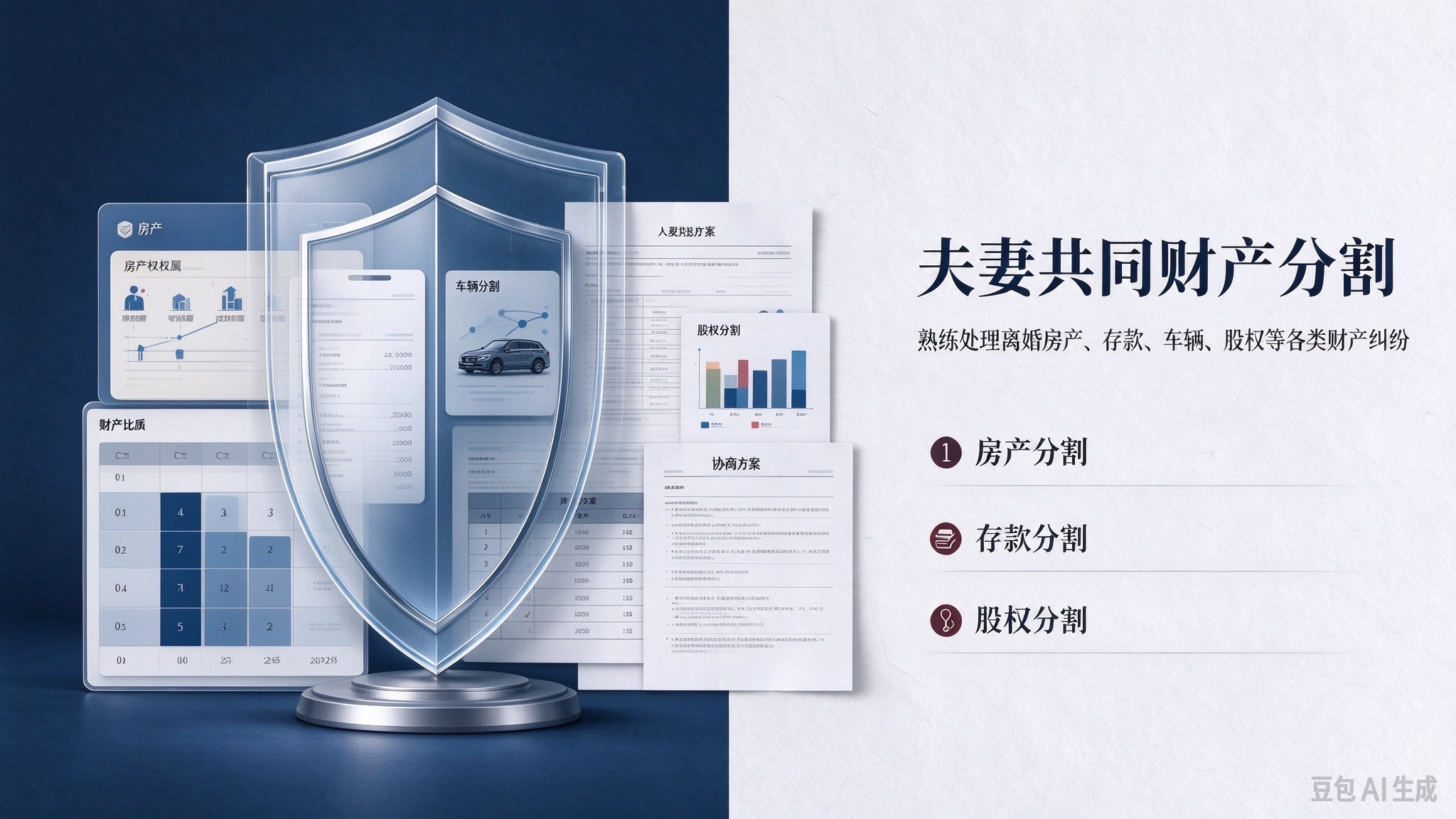3.夫妻共同财产分割：熟练处理离婚房产、存款、车辆、股权等各类夫妻共同财产分割纠纷。